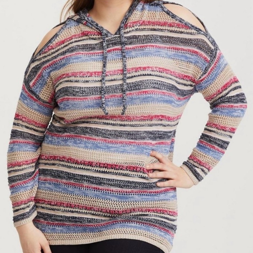 Torrid Cold Shoulder Open Knit Striped Sweater Hoodie
